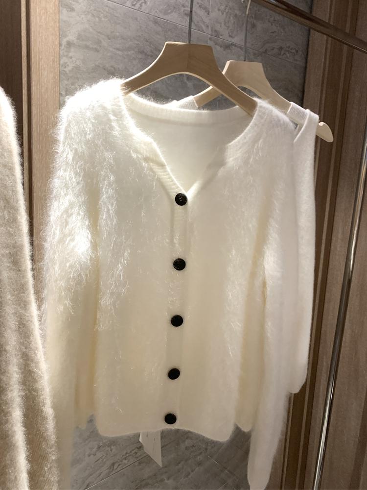 Women's Thickened White Cashmere Sweater - Pure Wool Brushed Long Hair Cardigan