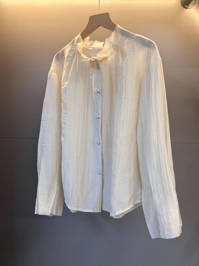 Available: Off-white Pleated Stand Collar Long Sleeve Shirt for Women - Spring/Summer 2026 Collection