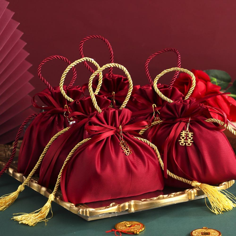 Red Wedding Candy Packaging Bags Velvet Drawstring Pouch Handbag Sweets Chocolate Packing Bag
