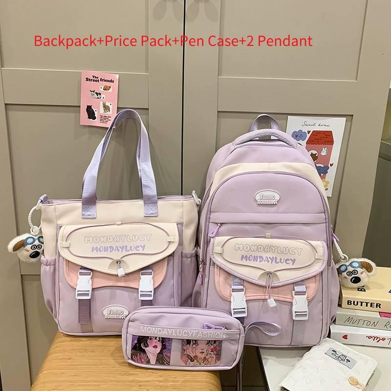 

Simple Color Blocked Letter Print Student Backpack Shoulder Bag Pencil Case Set For Students фіолетовий