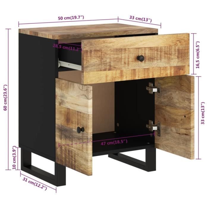 VidaXL Table de chevet 50x33x60 cm Bois de manguier et d'ingénierie 350668