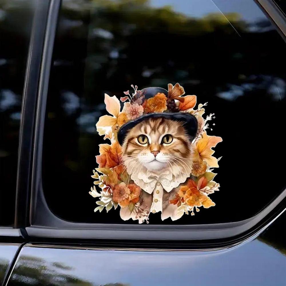 QT2185#15cm Adorable Cat In A Hat Surrounded by Flowers Car Sticker, Suitable for Laptop, Car, Truck, Van, SUV, Motorcycle, Bumper, Window