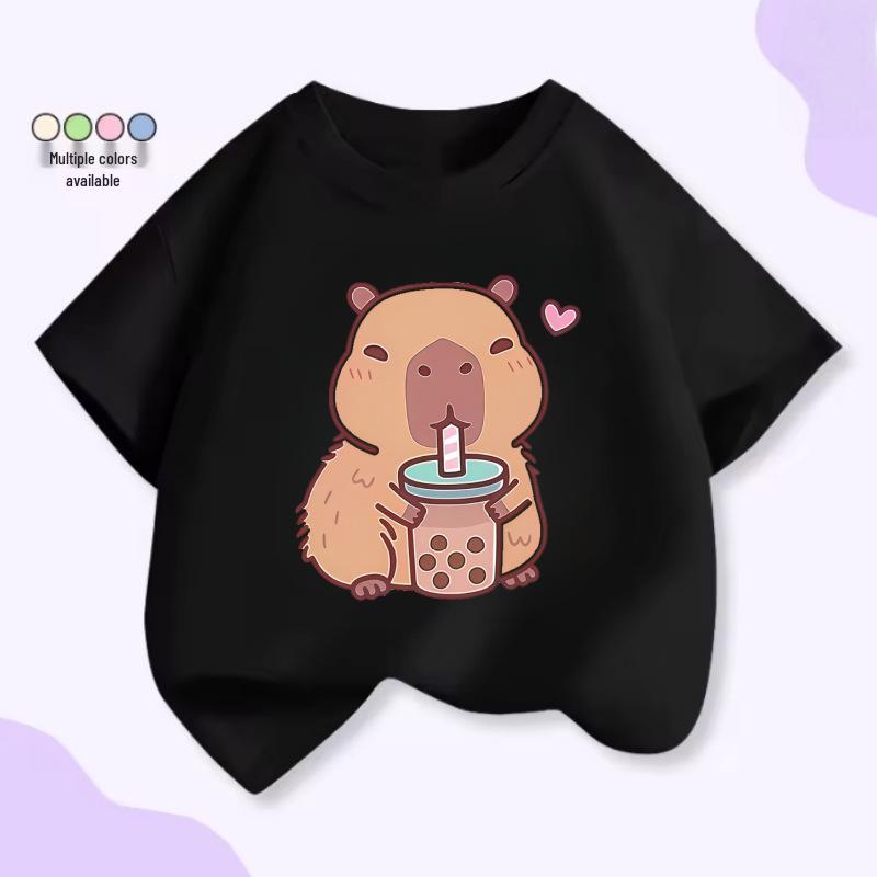 Unisex Kids’ Cute Capybara Milk Tea Cartoon T-Shirt - Loose Summer Casual Short Sleeve Top