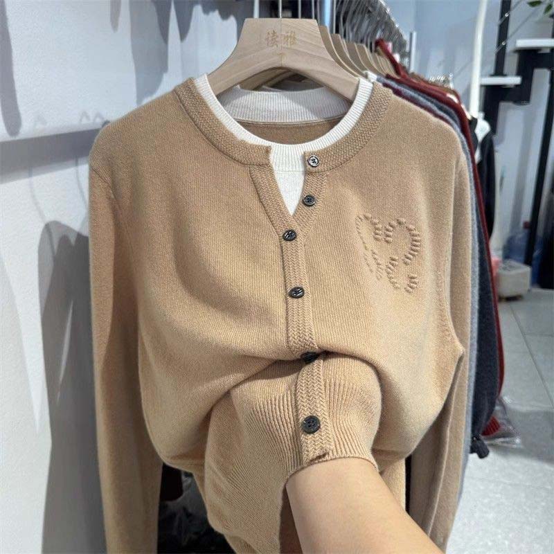 Sweater for Women Autumn Winter Faux Two-Piece Pullover Warm Knitted Stretchy Long Sleeve Tops