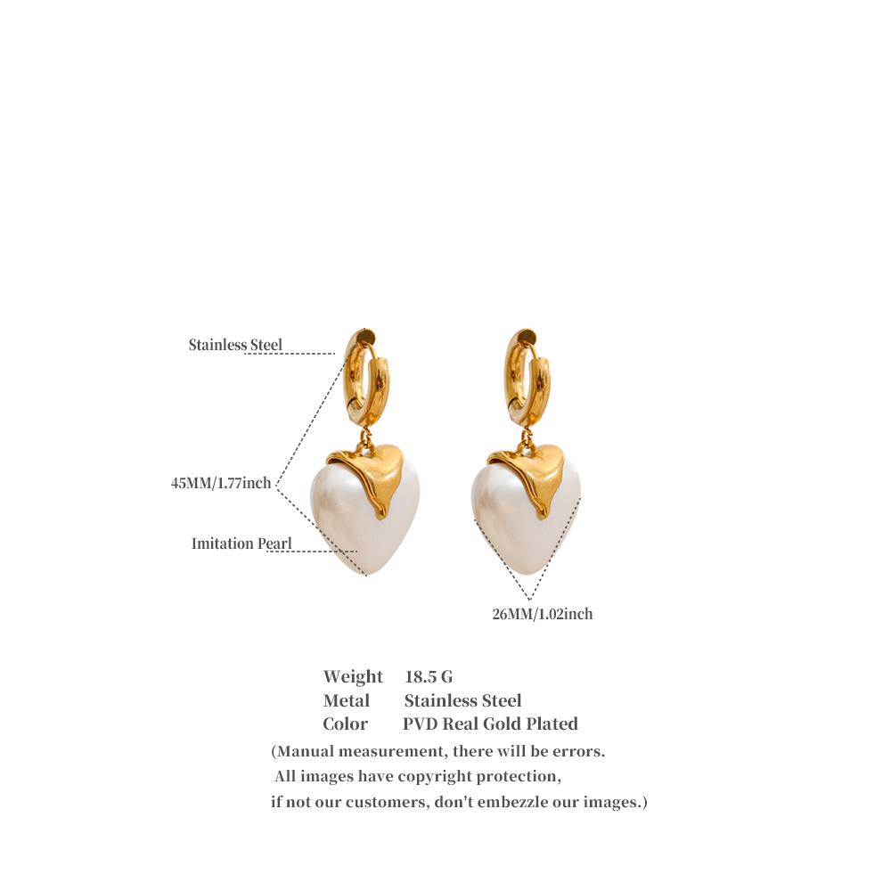 Yhpup Stainless Steel Simulated Pearls Heart Drop Hoop Earrings for Women Trendy Fashion Korean Daily Jewelry