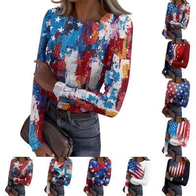 Women's Casual Fashion Round Neck Independence Day Print Long Sleeve Ribbed Top