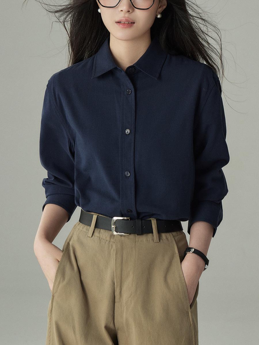 

Женская темно-синяя рубашка с длинным рукавом — классическая, профессиональная, облегающая, на осень и зиму XL