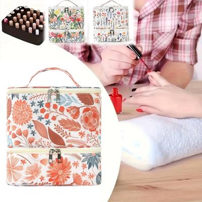Double Layer Nail Polish Storage Bag Floral Print Detachable Essential Oil Bag Large Capacity with Handle Cosmetic Organizer Bag