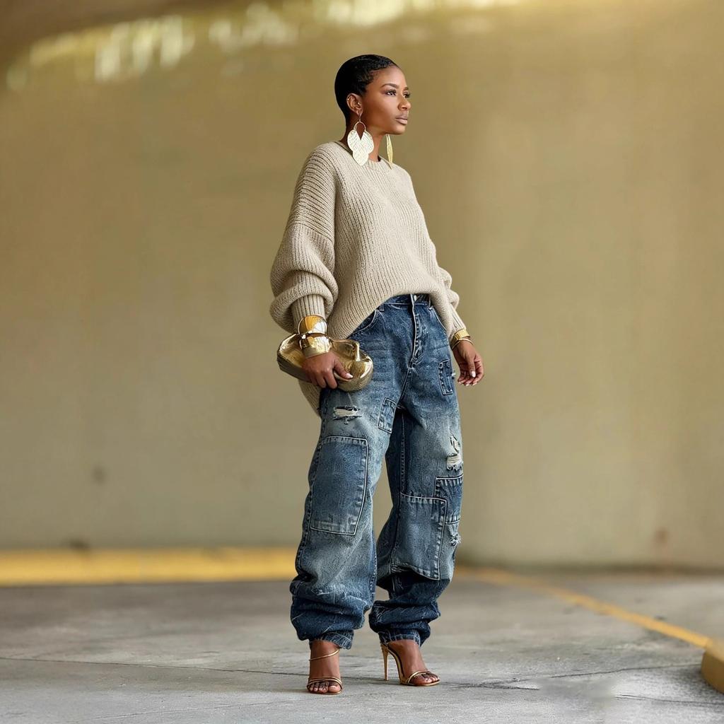 Γυναικείο Παντελόνι Jeans Baggy με Ψηλή Μέση, Μπαλώματα, Φθαρμένο, Ίσιο Πόδι, 2026 Άνοιξη, Streetwear, Μη Ελαστικό Τζιν