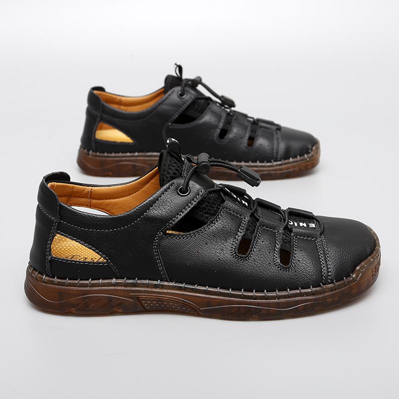 Summer Men's Elastic Band Sandals High Quality Outdoor Beach Shoes Cowhide Designer Non-slip Slippers for Men Hollow Out Sandals