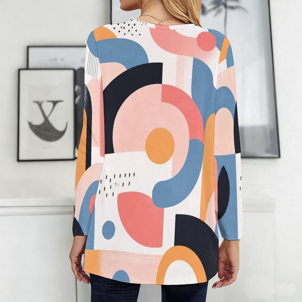 Women Plus Size Round Neck Long Sleeve Polka Dot Printed Loose Longline T Shirt With Pockets