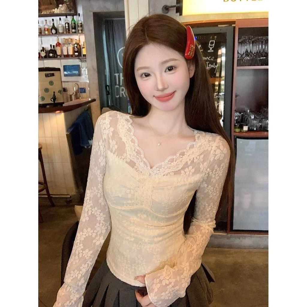 Available: Pure Desire V-Neck Long-Sleeve Lace Shirt for Women - Slimming, Fashionable, Versatile Short Inner Wear.