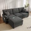 Divano moderno con 1 pouf, 2 cuscini quadrati, 1 porta USB e 1 porta Type-C, nero (dimensioni: L223 × A84 × P146 cm)