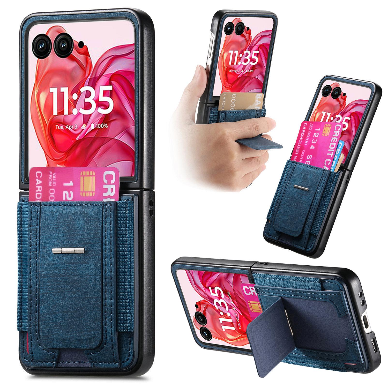 

For Motorola Razr 60 Ultra 5G Case Kickstand Retro Leather Back Cover with Card Holder Blue