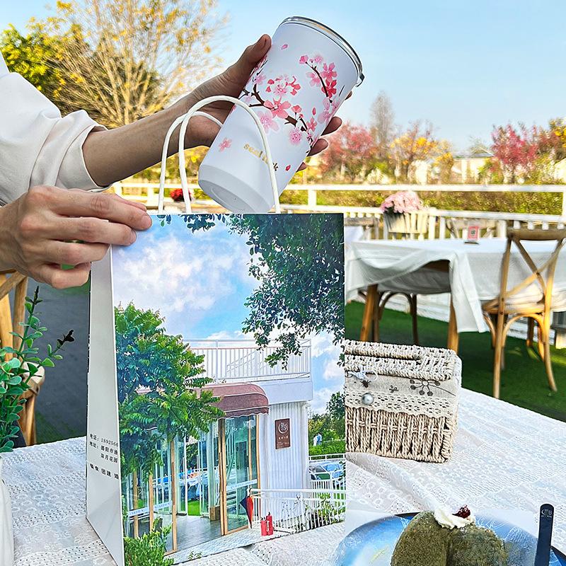 Cherry Blossom Patten Coffee Mugs with Lid Stainless Steel Leak-Proof Sealed Milk Juice Tea Cup Travel Camping Tumbler Drinkware