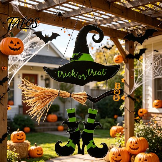 Rustic Halloween Sign Witch Hat Boot Sign, Hanging Trick or Treat Wall Decoration Decor for Home Room, Wooden Front Door Hanger Holiday Party, Or