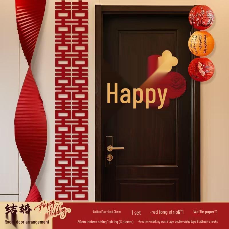Wedding Decoration Set: Groom & Bride Xi Character Door Stickers & Hanging Ornaments