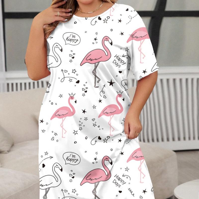Women's Spring Summer Short Sleeve Butterfly Print Large Size Short Round Neck Nightdress