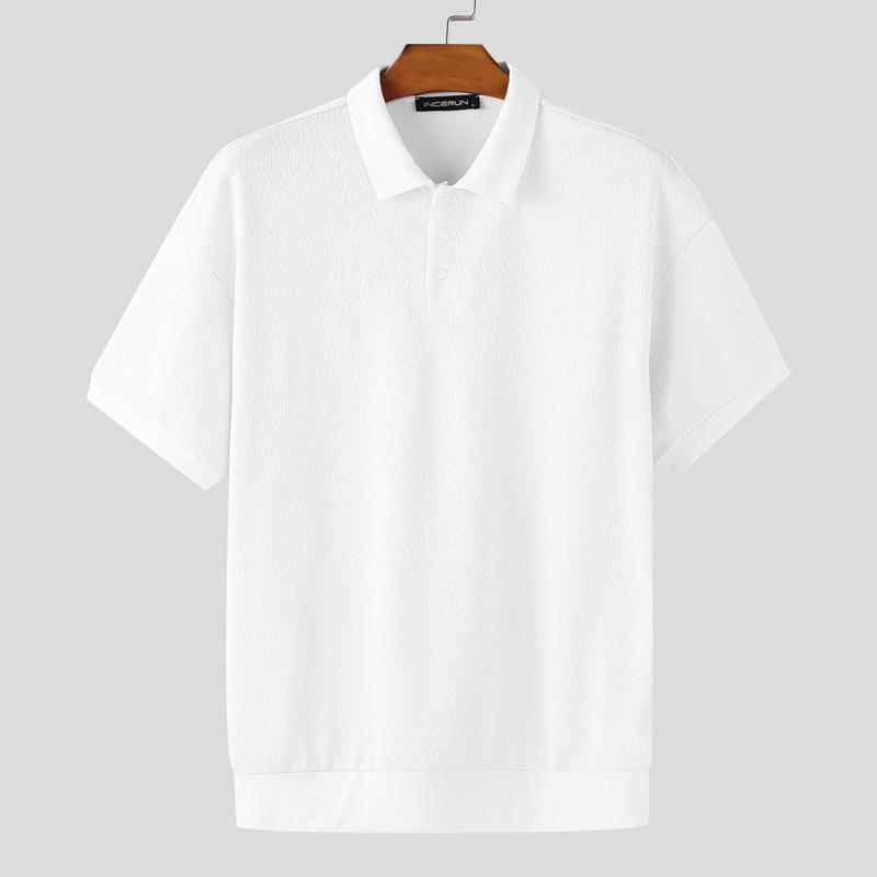 

INCERUN Oversized Men Turn-down Collar Short Sleeve Texture Casual T-shirts Tops 5XL белый