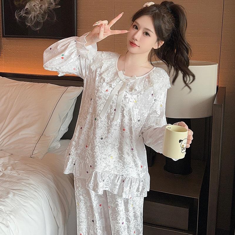 Linglei Autumn And Winter Golden Velvet Court Style Lace Pajamas Women'S Golden Velvet Long-Sleeved Trousers Autumn And Winter Loungewear