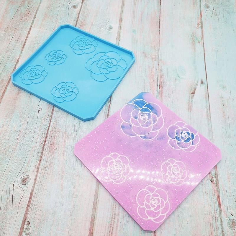 Quadratische Runde Tassenmatte Silikonform Kamelienmuster Untersetzerformen Tassenablage Gussformen für Harzmattenherstellung DIY-Basteln
