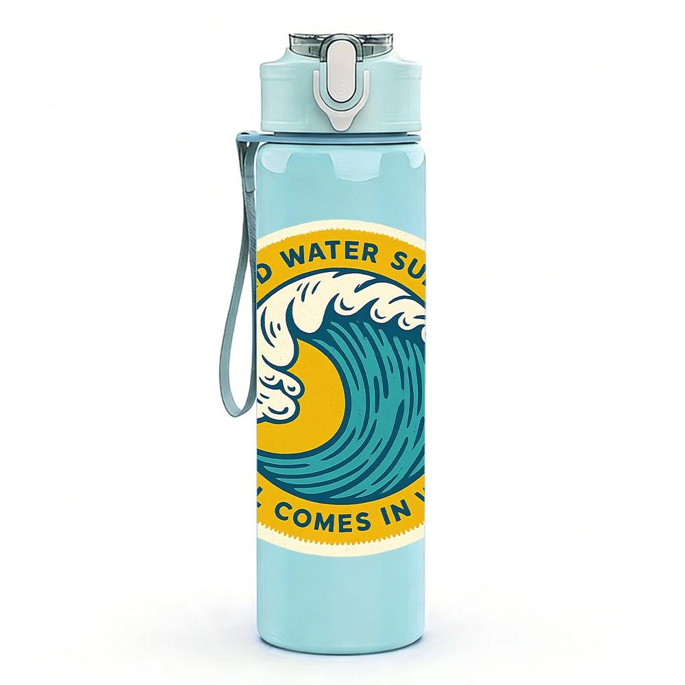 1PC Ocean Wave Circle Badge Surf Print 750ml Color Plastic Sports Water Bottle Leakproof Flip Straw Lid Suitable for Sports Office Home Use