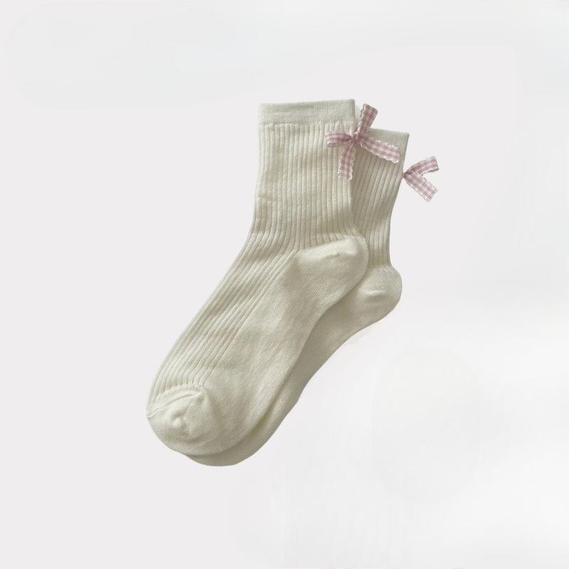 

Women s Summer Thin Heel Bow Check Breathable Ballet Wind Mid Tube Stack Socks 1 pair білий