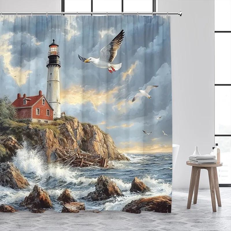 Blue Ocean Lighthouse Shower Curtains Vintage Boat Seagull Sea Waves Watercolour Art Modern Bathroom Curtain Decor With Hooks