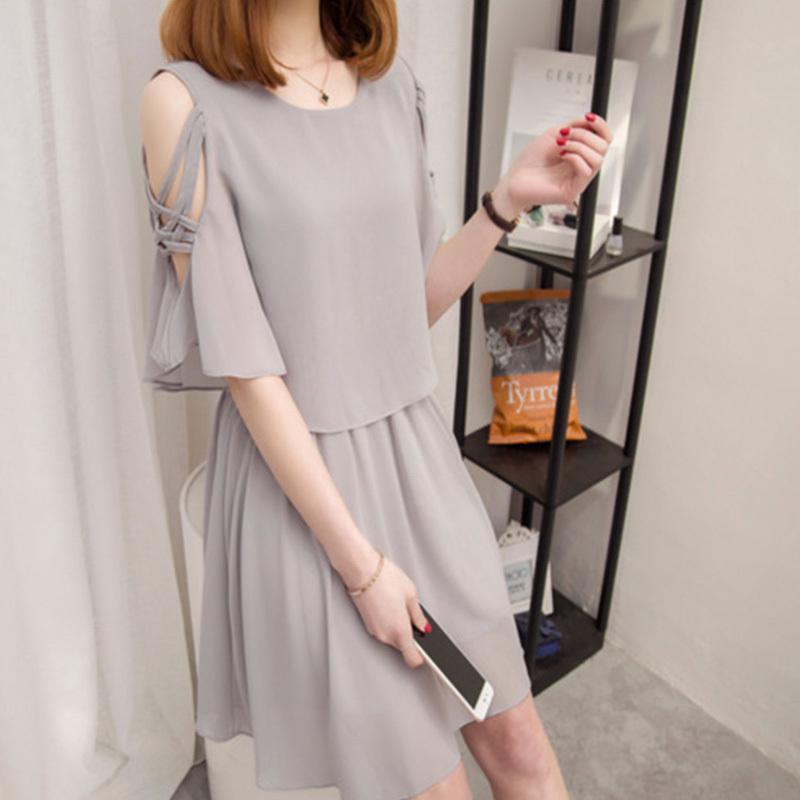 Frauen Frühling Sommer Kurzarm Hohe Taille A-linie Chiffon Kleid