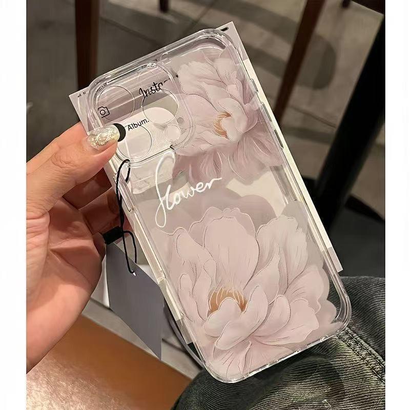 Funda para teléfono con estampado de flores blancas pintadas al óleo para iPhone 13/14/15/16 Pro Max y iPhone 17 Pro