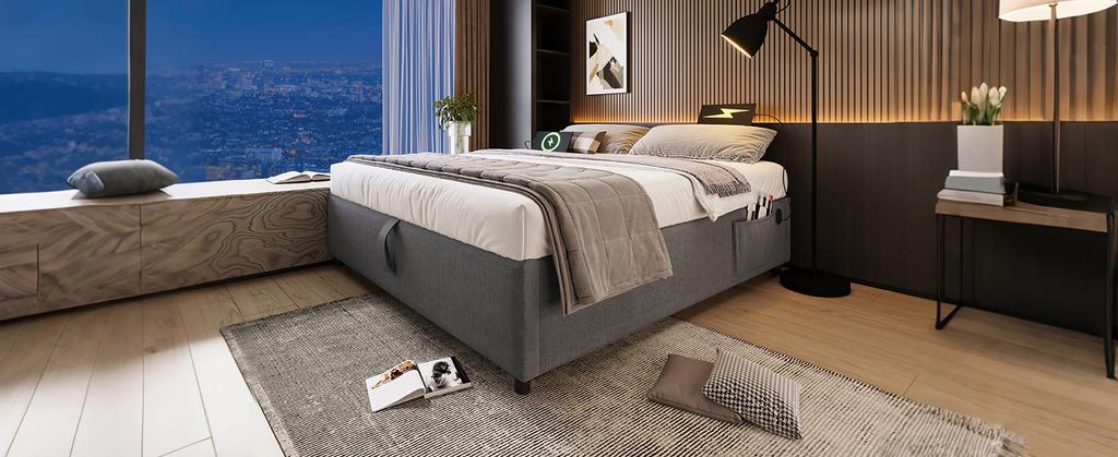 Upholstered Bed Double Bed 140x200 Cm, Storage Bed Frame with USB-C and Full-Surface Slatted Frame, Without Headboard, Cotton, Gray