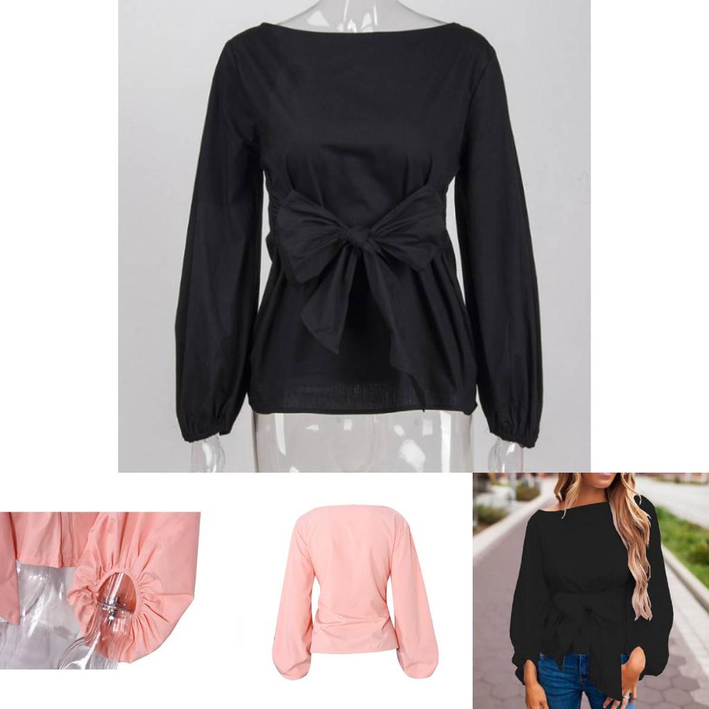 Trendy Loose-fit Chiffon Lantern Sleeve Top With Bowknot For Women Spring