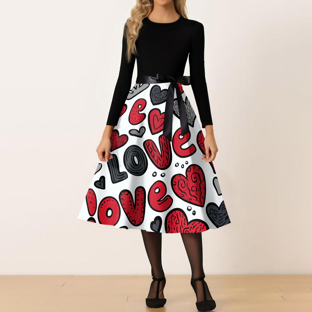 Women's Casual Fashion Round Neck Valentine's Day Printed Retro Dress