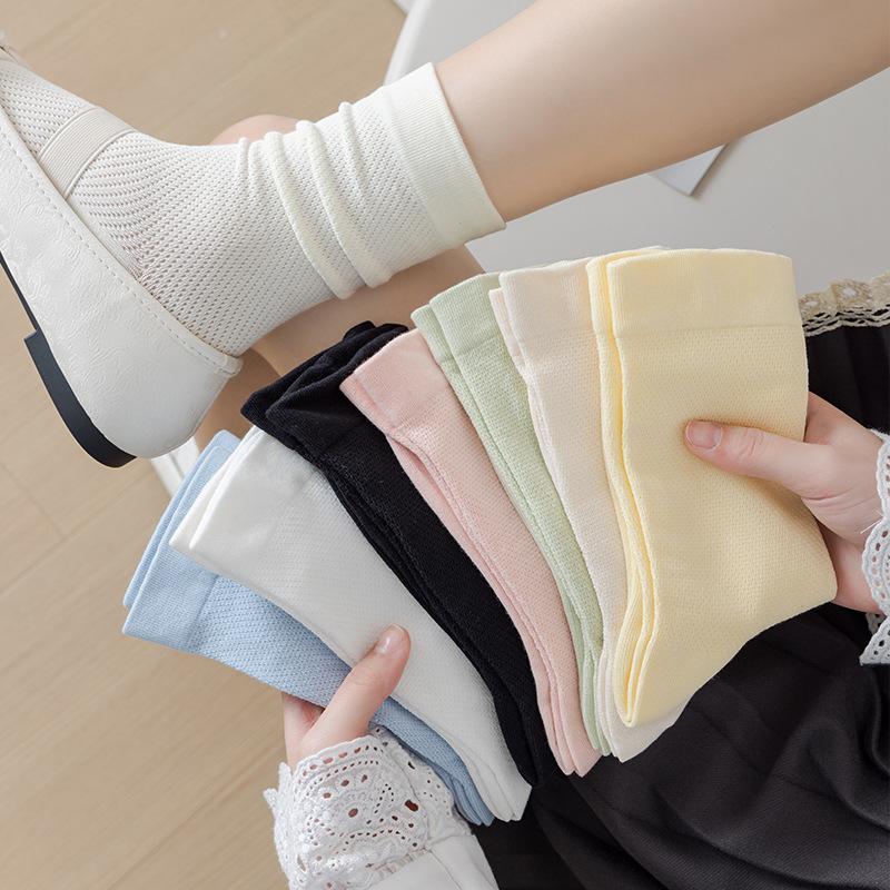 5 Pairs White Socks Women Summer Thin Cotton Mid-calf Socks Mesh Breathable Cool Feeling Fragrance Antibacterial Anti-odour Monthly Stockings