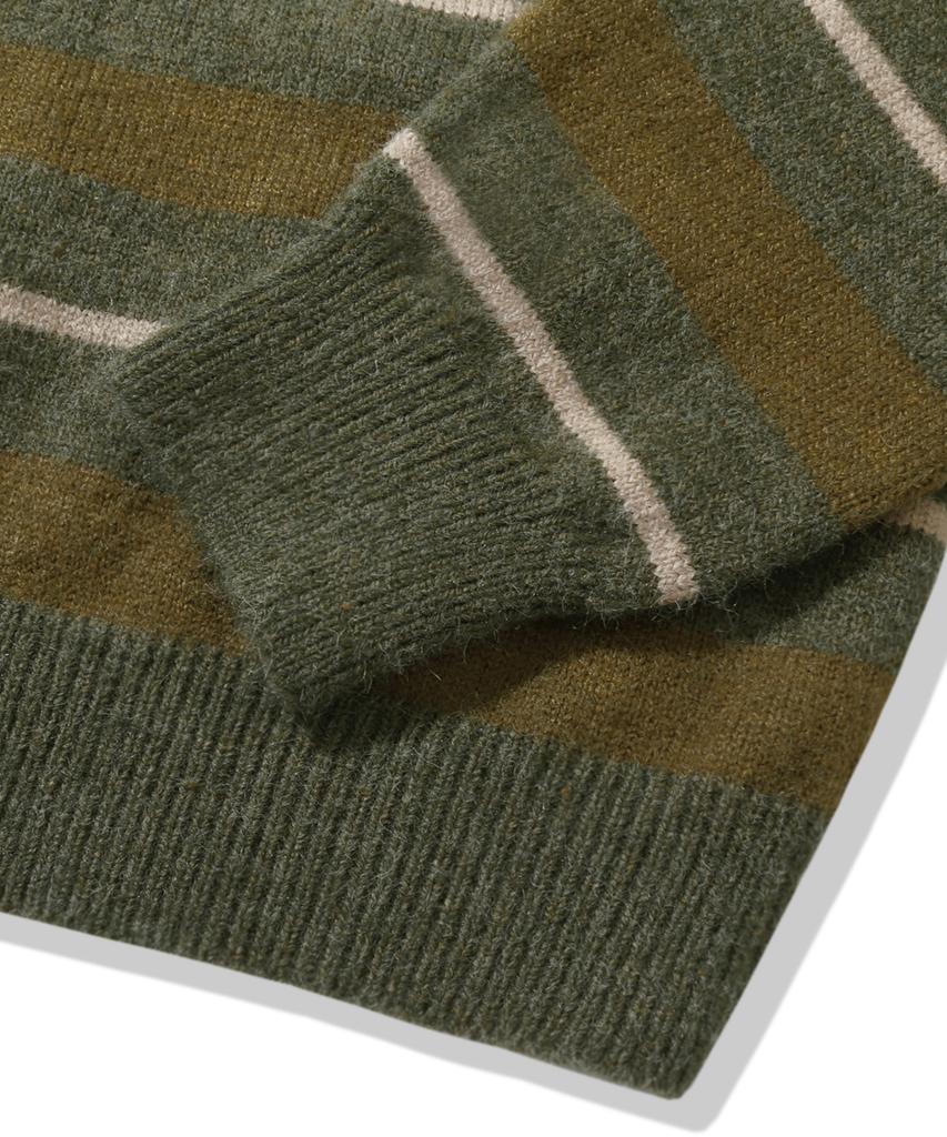 TRILLION Washable Hairy Striped Button Cardigan Knit_Khaki