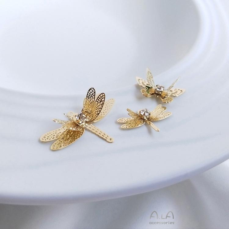 Copper-Plated 14K Gold Butterfly Dragonfly Zircon Pendant for DIY Jewelry & Hairpin Charms