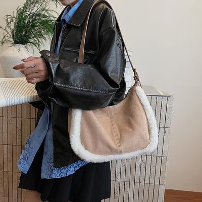 New Retro Suede Underarm Bag Women's 2025 Autumn and Winter Fluff Bucket Bag Contrasting Color Shoulder Bag Versatile Messenger Bag