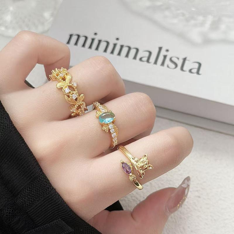 Medieval Vintage Colored Treasure Wings Flash Diamond Zir*****Pen Ring Niche High-End Light Luxury Ring Woman