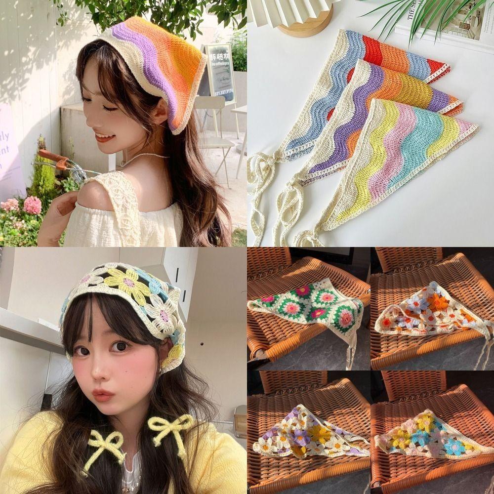 French Pastoral Style Triangle Headband Handmade Crochet Little Flower Headscarf Hat Knitted Color Contrast Girls Headband Towel