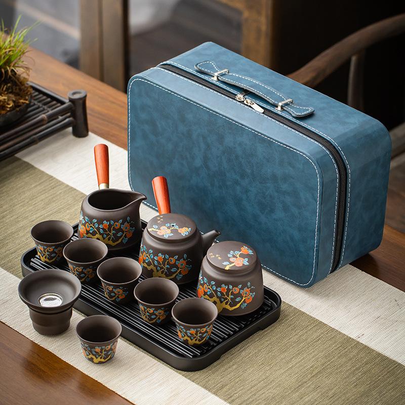 Purple sand travel tea set, ceramic kung fu portable storage bag, teapot, teacup, complete set of business gifts, portable