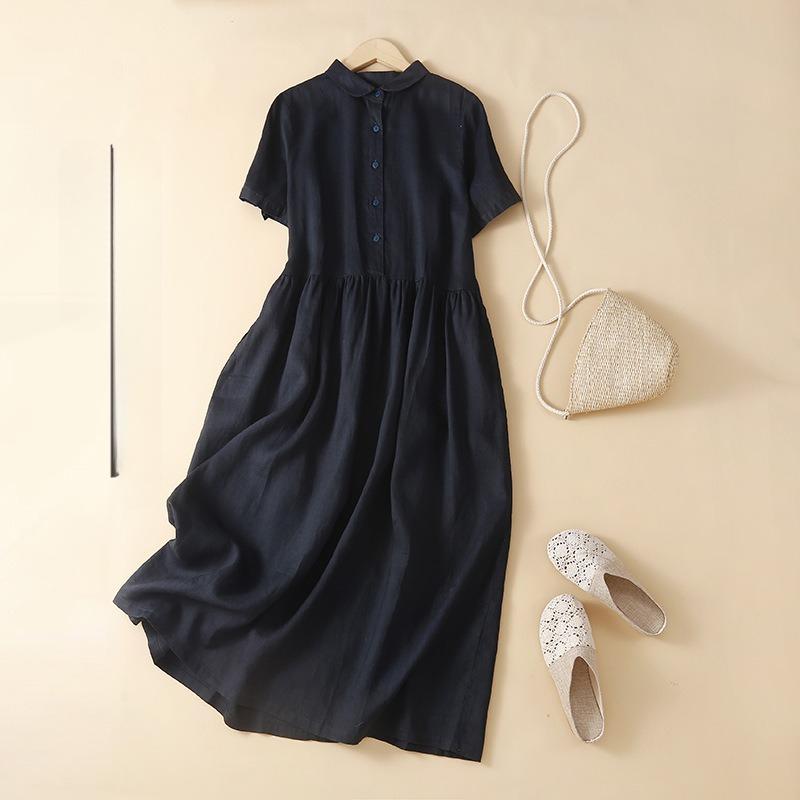 Summer Cotton and Hemp Women's Thin Solid Color Collar Loose Dress