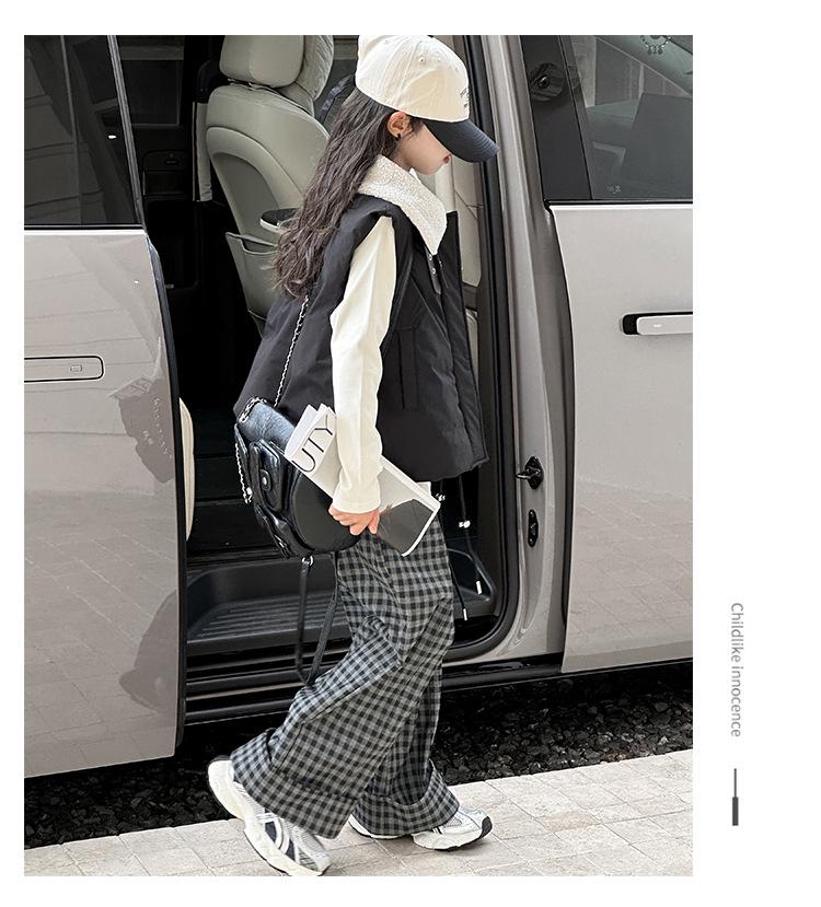 Ensemble Gilet en Coton d'Hiver 2025 pour Filles et Pantalon à Carreaux Doublé Polaire