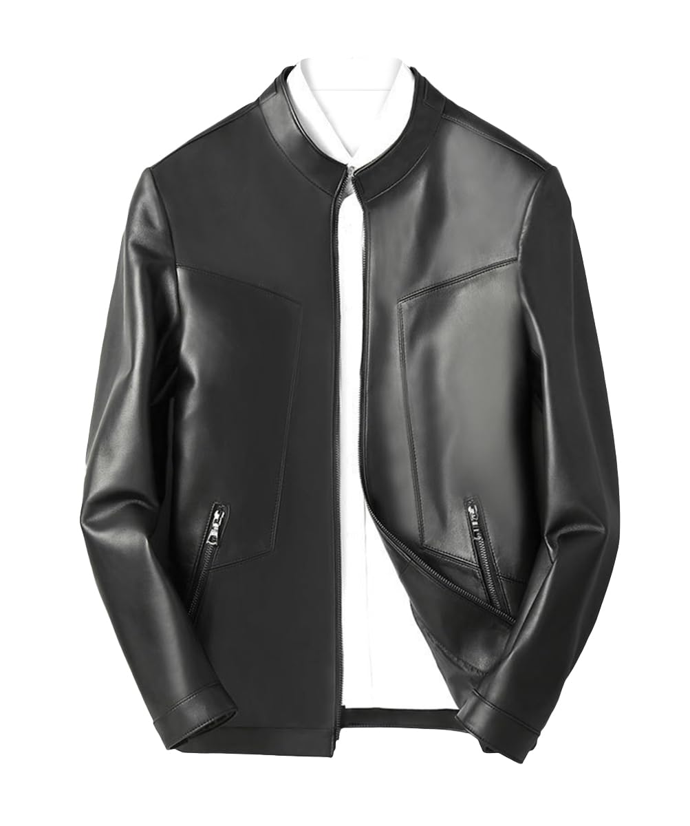 JINLUN Leather Single Genuine Lambskin Stand Men s Jacket, Rider, Leather, Black, Collar, Fall/Winter чёрный