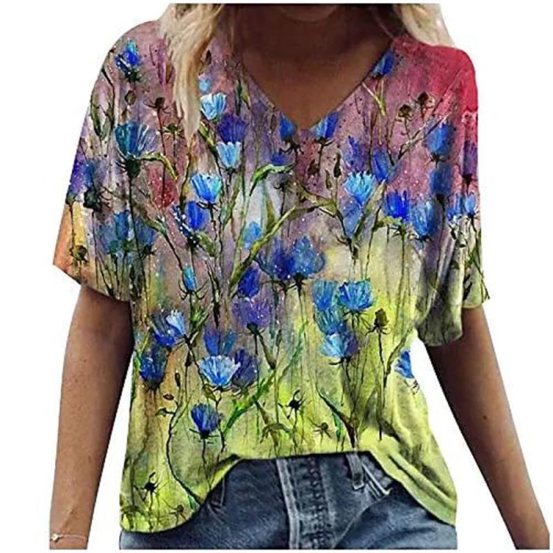 Women's T-shirts Summer Gradient Graphics Tops V-Neck Fashion Female Vintage Clothing Floral Print Tees Loose Oversized T-Shirts