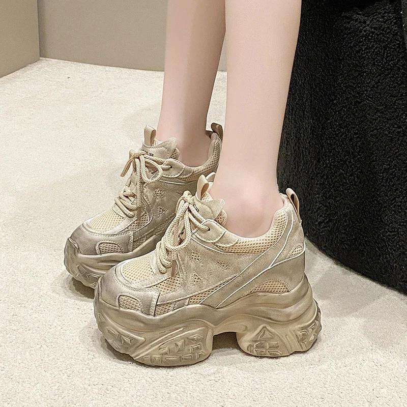 Fashion 10.5CM High Platform Sneakers Women New 2025 Mesh Shoes Comfortable Casual Chunky Shoes Wedge Heels Breathable Sneakers