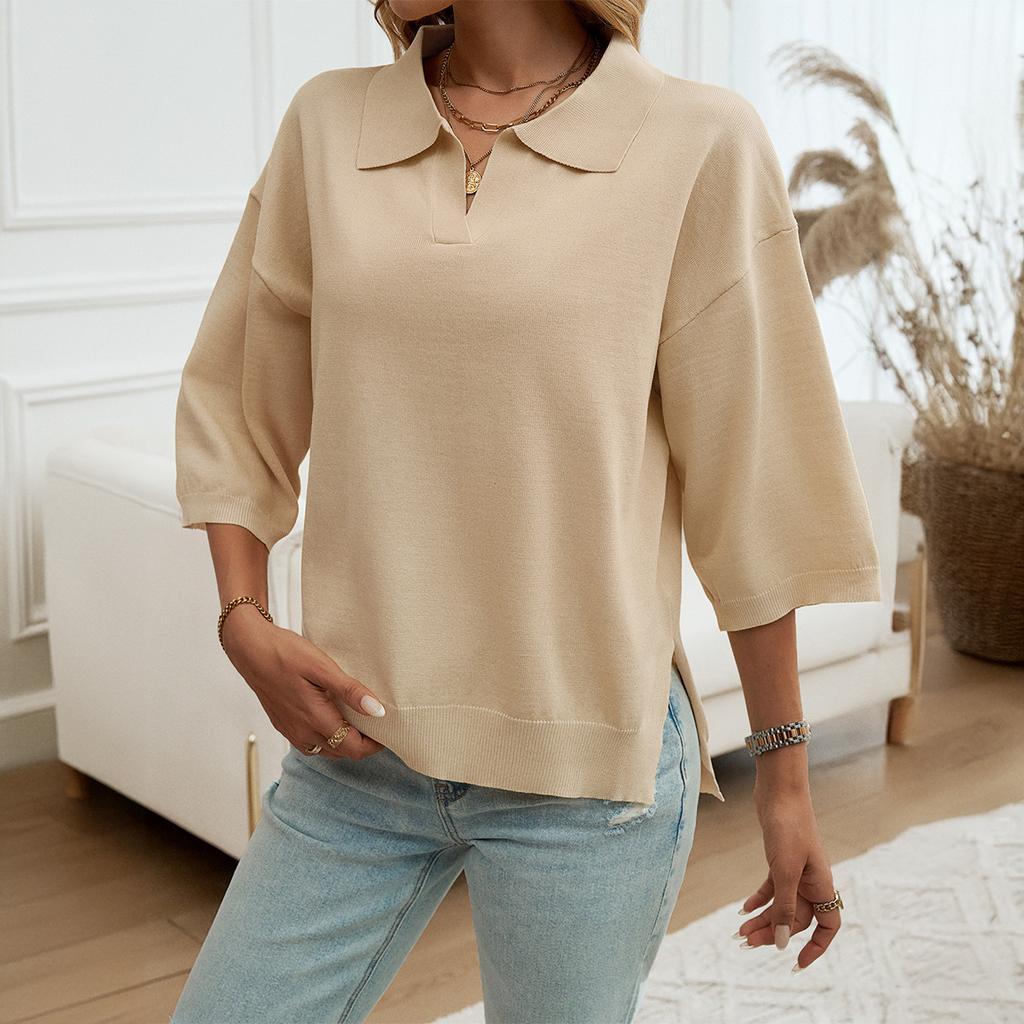 Women Solid Color Lapel Solid Color Half Sleeve Loose Sweater