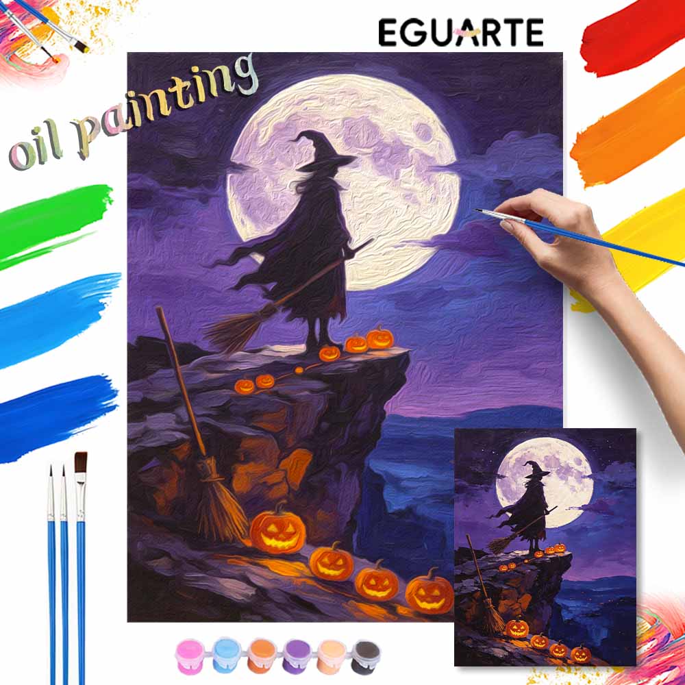 Digital Halloween oil painting moon pumpkin art coloring painting handmade diy home decoration painting