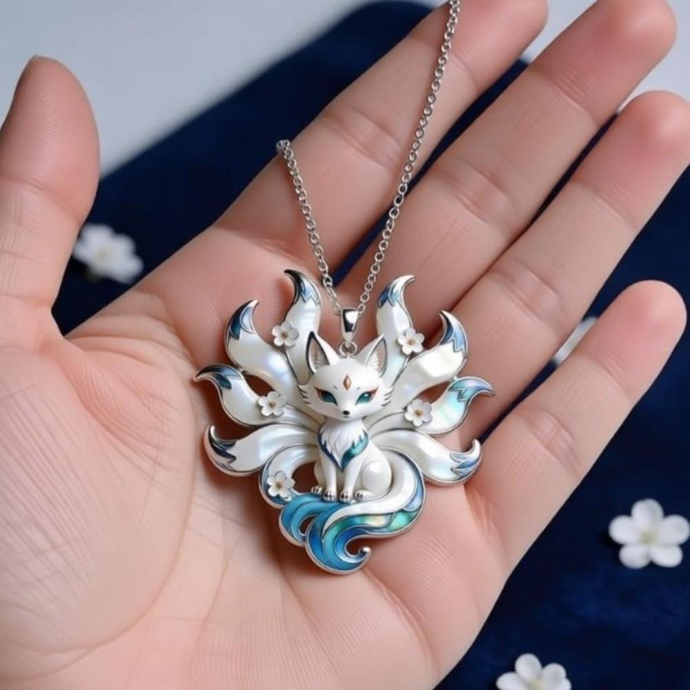Silver Tone Chain Nine-Tailed Fox Necklace Guardian Charm Pendant Spiritual Jewelry