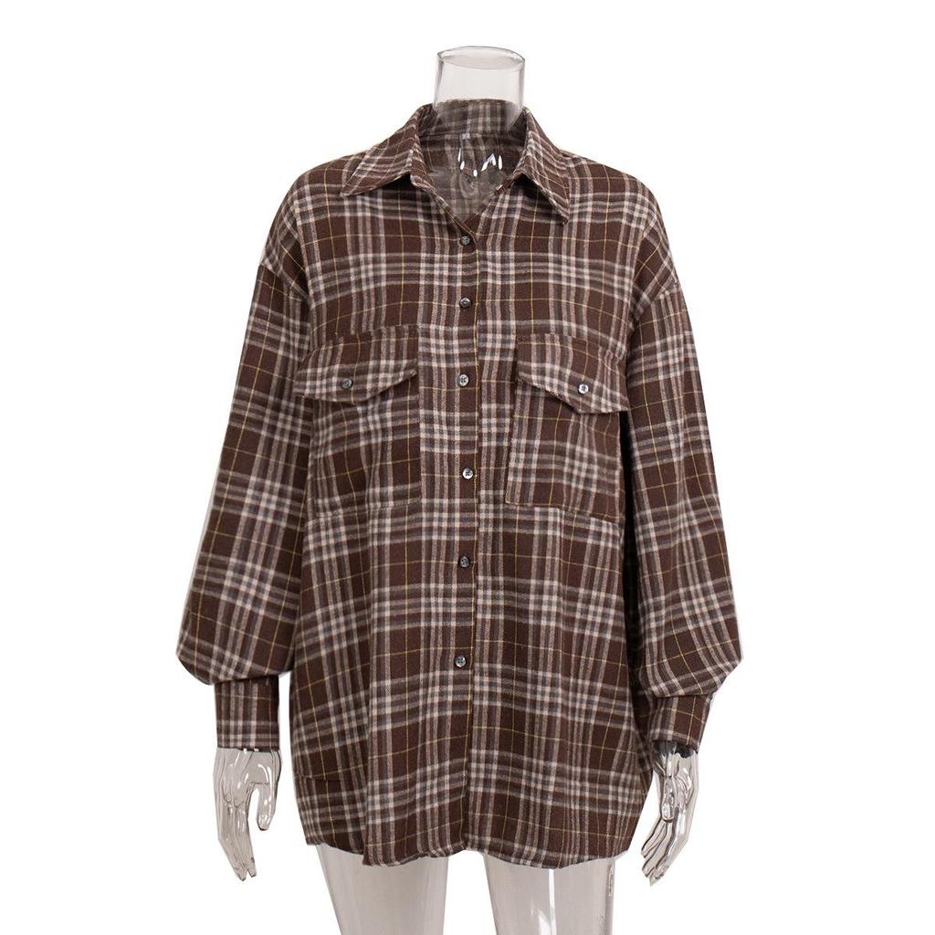 Frauen Frühling Herbst Temperament Plaid Anzug Kragen Langarm Hemd Blusen