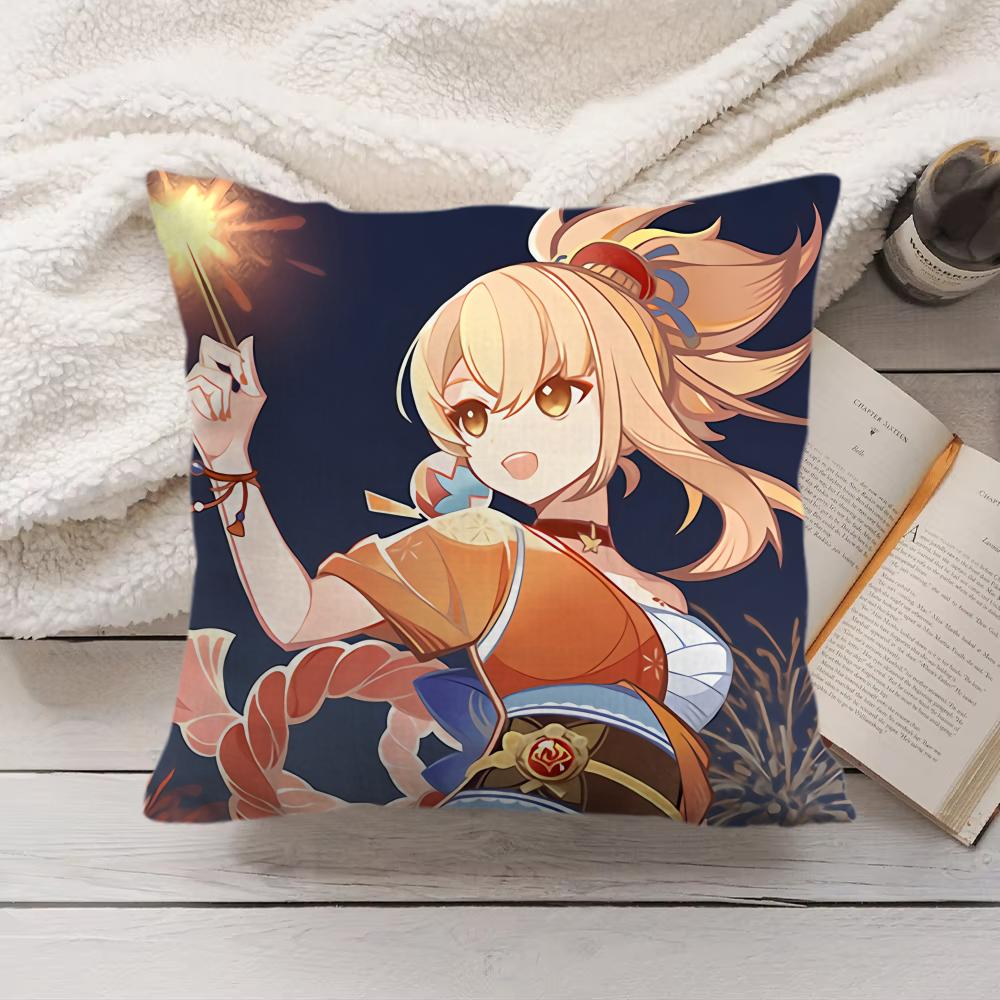 Yoimiya Genshin Impact Cute Cushion Cover Silky Short Plush Invisible Zipper Dustproof Sofa Pillow Case For Home Decor